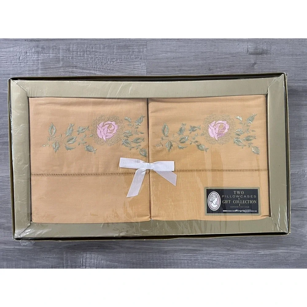 Vintage Riegel Orange Pillowcase‎ Pair Embroidered Roses Gift Set